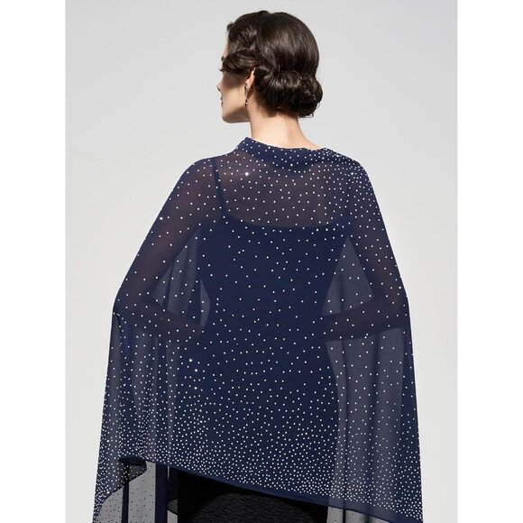 Women Blue Sequin Chiffon Shawls and Wraps Formal Rhinestone for Evening Dress - Picture 4 of 6